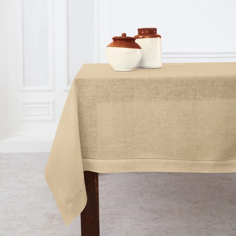 Solino Home 100% Pure Linen Tablecloth Beige, Classic Hemstitch 60 x 108 in