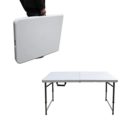 Qimu 4FT Folding Camping Table Heavy Duty Folding Picnic Table with 2 Adjustable Heights Portable Plastic Foldable Tables with Carry Handle Indoor Outdoor Use for Garden BBQ Party Computer Desk White