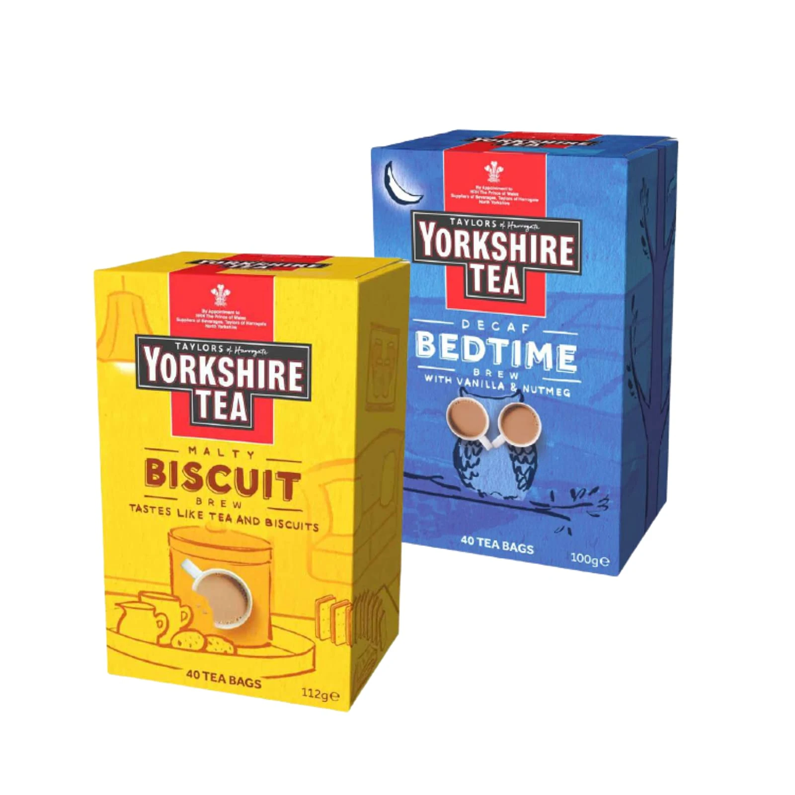 Biscuit Brew Tea Bags 40 tea bags (112g) and Bedtime Brew 40 Tea Bags (100g) Taylors of Harrogate Yorkshire bundle