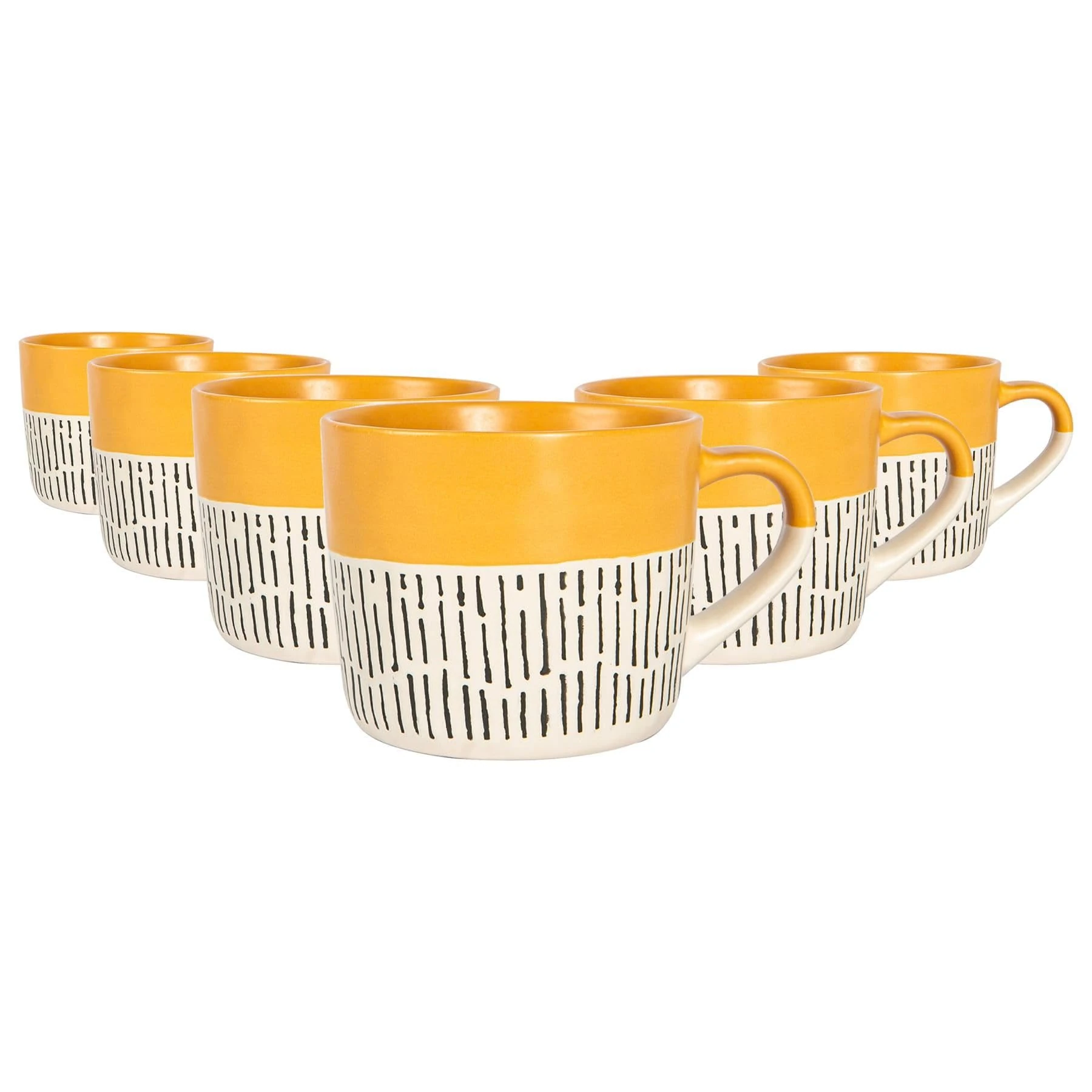 Nicola Spring Ceramic Coffee Mugs Set - 475ml - 6pc Mustard Dipped Dash Stoneware Coffee Cups Dishwasher & Microwave Safe Large Tea Mugs for Hot Drinks, Hot Chocolate, Tea