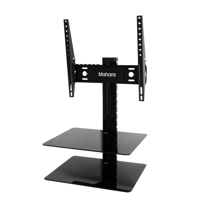 MAHARA TV Bracket With Shelves - All in one tilt & turn TV Mount with Black Glass AV shelving - For TVs up to 55 inches - Max 30Kg - VESA Compatible