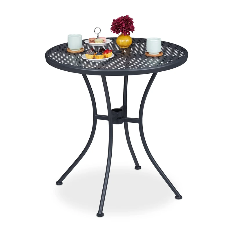 Relaxdays Round Garden Table, Parasol Hole, Lattice Design, Weatherproof, Steel, HxD: 72x70 cm, Balcony, Charcoal Colour