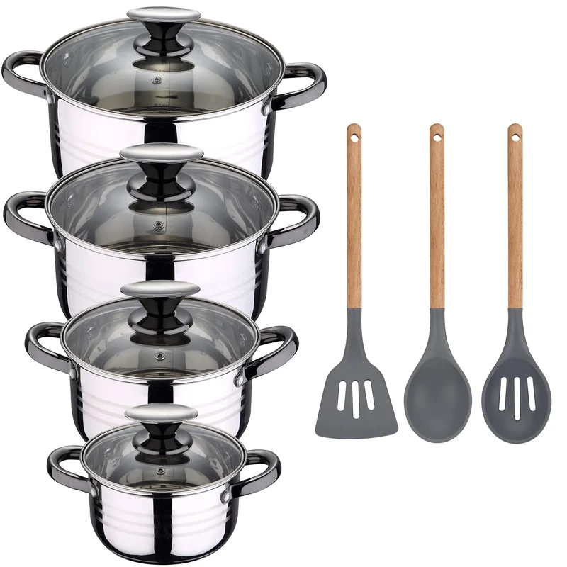 San Ignacio Daimiel 8-Piece Cookware Suitable for Induction Hita Stainless Steel with Set of 3 Cookware Utensils in Silicone