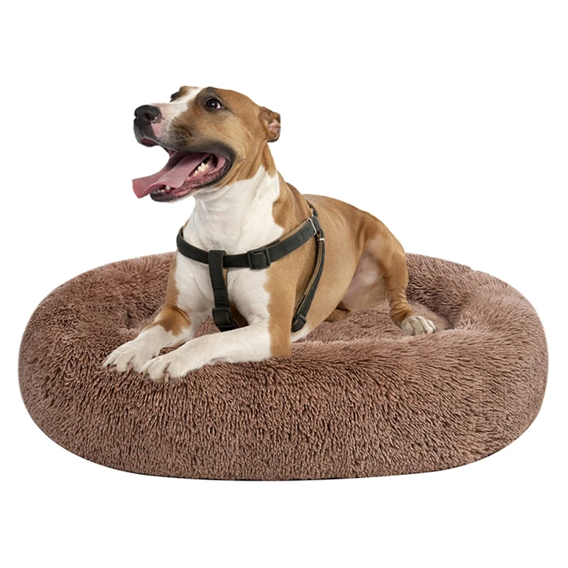 Coohom Oval Calming Donut Cuddler Dog Bed,Shag Faux Fur Cat Bed Washable Round Pillow Pet Bed(30"/36"/43") for Small Medium Dogs (XXL(43"x34"x8"), Camel)