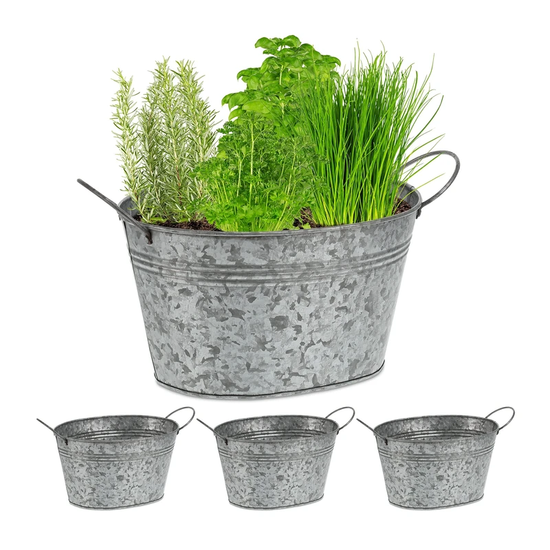 Relaxdays 4x Zink Tubs, Decorafive Planters with Handles, Flowers, Herbs, Garden & Balcony, HWD: 15.5x29x17.5 cm, Silver, Iron, set of 4