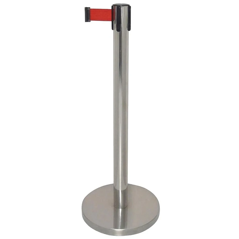 Bolero Polished Barrier with Red Strap 3 m, 935(H)mm, Stainless Steel, Retractable Belt Barrier, Queue Belt Barrier with 8 kg Weighted Base - Pubs, Clubs, Functions, Weddings, GG723