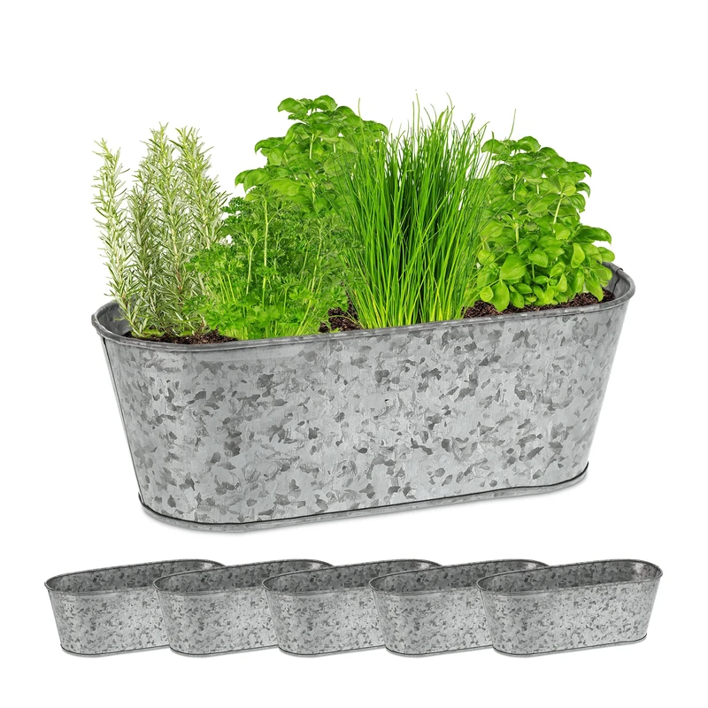 Relaxdays 6x Zink Tubs, Decorafive Oval Planters, Flowers, Herbs, Garden & Balcony, HxWxD: 11 x 30.5 x 13.5 cm, Silver, Iron, 11 x 30,5 x 13,5 cm