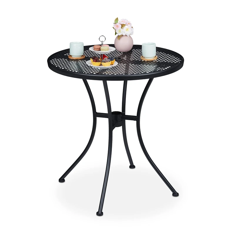 Relaxdays Round Garden Table, Parasol Hole, Lattice Design, Weatherproof, Steel, HxD: 72x70 cm, Balcony, Black