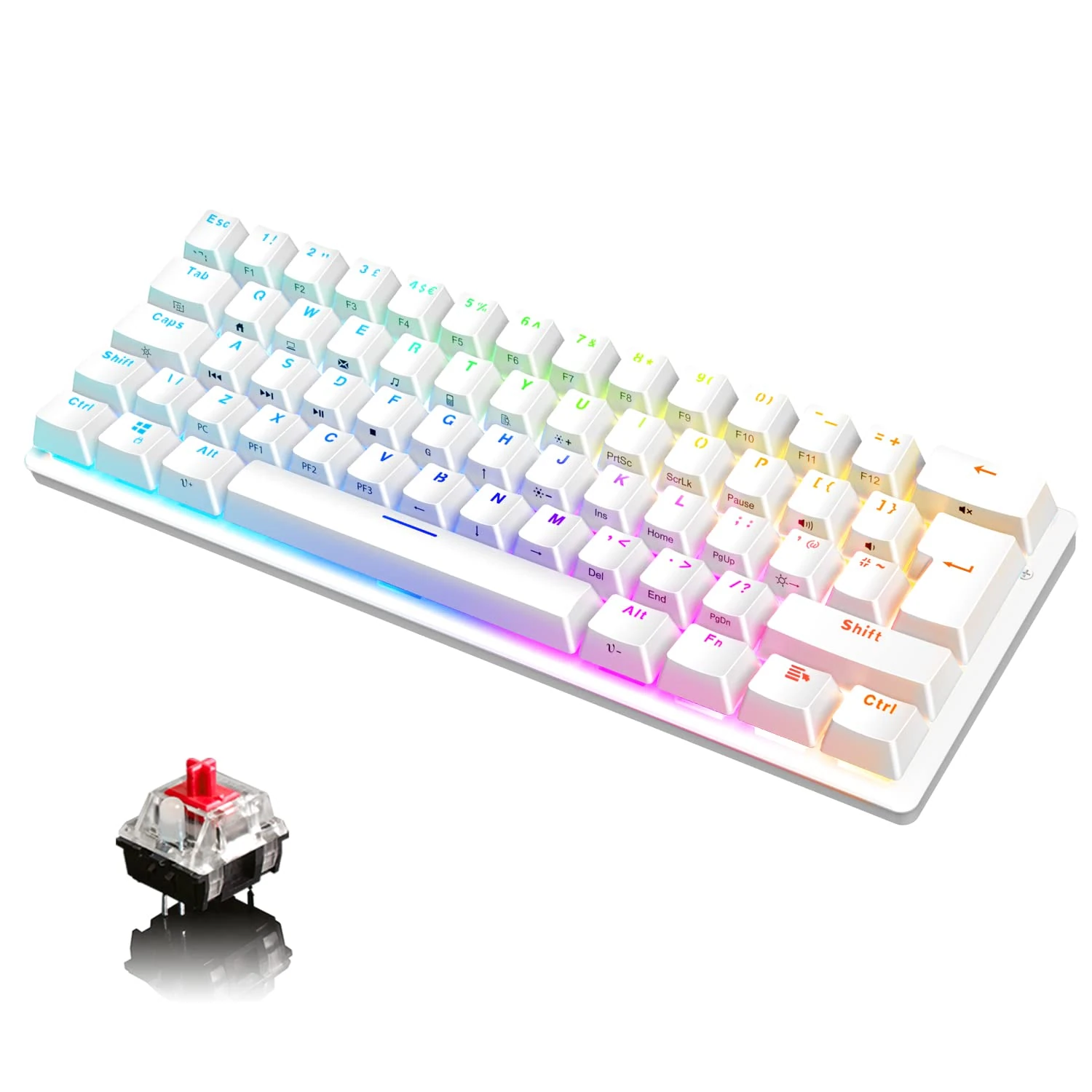 UK Layout Wired 60% Mechanical Gaming Keyboard, Mini 61 Key Layout 14 Chroma RGB Backlit Type-C USB Compact Keyboard with Full Anti-ghosting Keys for PC Mac Gamer Office Typist(White/Red Switch)