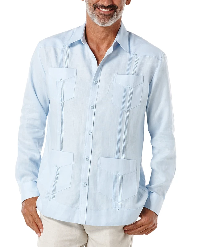 Cubavera Men's 100% Linen Four-Pocket Long Sleeve Guayabera (Size Small-5x Tall) Button Down Shirt, Cashmere Blue, 3XL Big