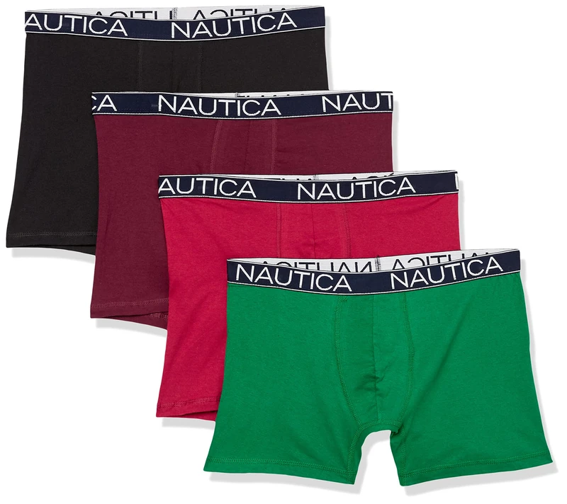 Nautica Men's Cotton Stretch 4 Pack Boxer Briefs, Black/Tawny Port Red/Green, M - Image 1