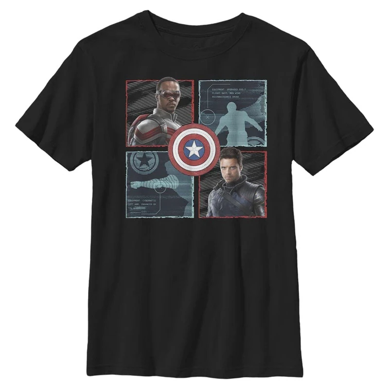 Marvel Likeness The Falcon and The Winter Soldier Hero Box Up Boy's Solid Crew Tee, Black, Youth X-Small, Black, XS