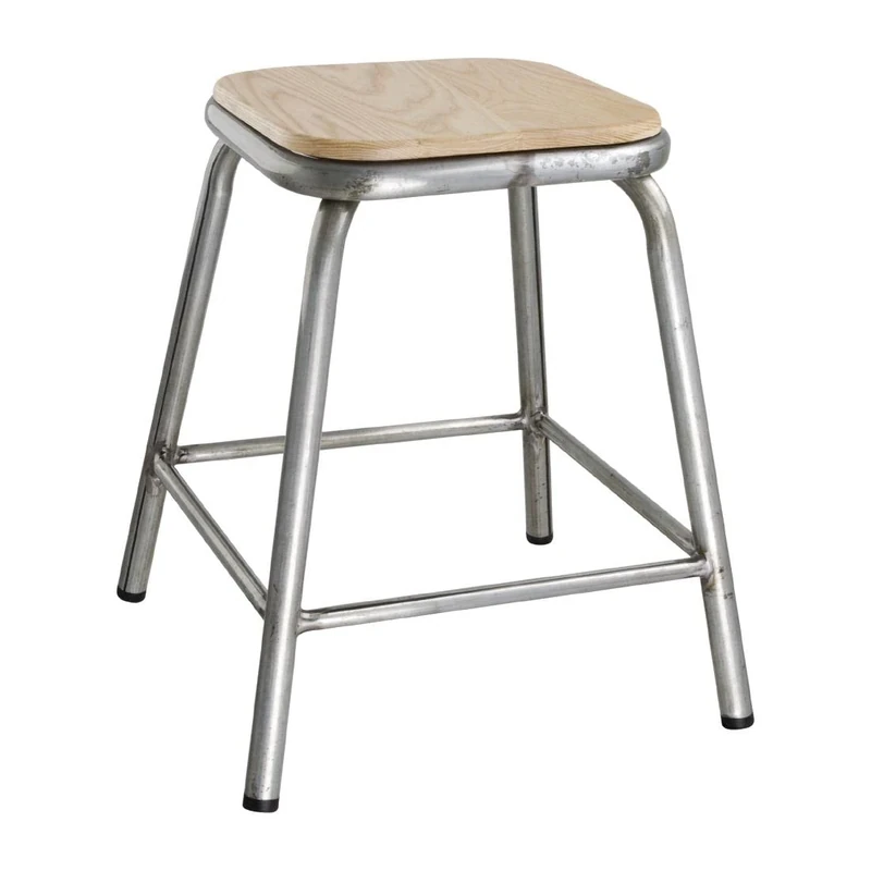 Bolero Galvanised Steel Low Stools with Wooden Seatpads (Pack of 4), Silver & Wood Colour, Industrial Urban Distressed Rusted Style Stools, Seat Height: 470 mm, DE478