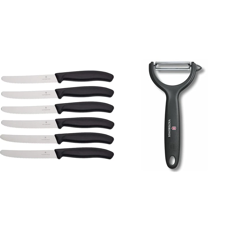 Victorinox 6-Piece Swiss Classic Tomato/Table Knife Set with 11 cm Blade, Stainless Steel, Black, 30 x 5 x 5 cm & Peeler Tomatoe Y Kiwi, Negro
