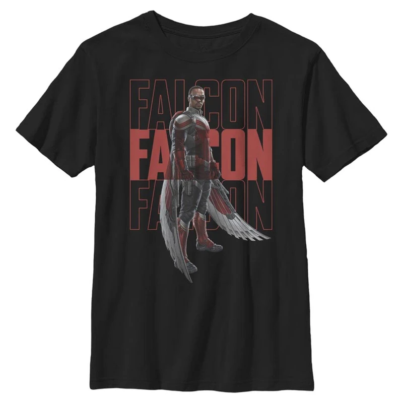 Marvel Likeness Winter Soldier Falcon Repeating Boy's Solid Crew Tee, Black, Youth X-Small, Black, XS