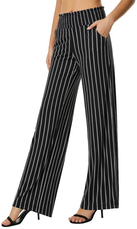 Urban Coco Women's Boho Palazzo Pants Wide Leg Beach Pants High Waisted Lounge Pants with Pockets, Black/White, S