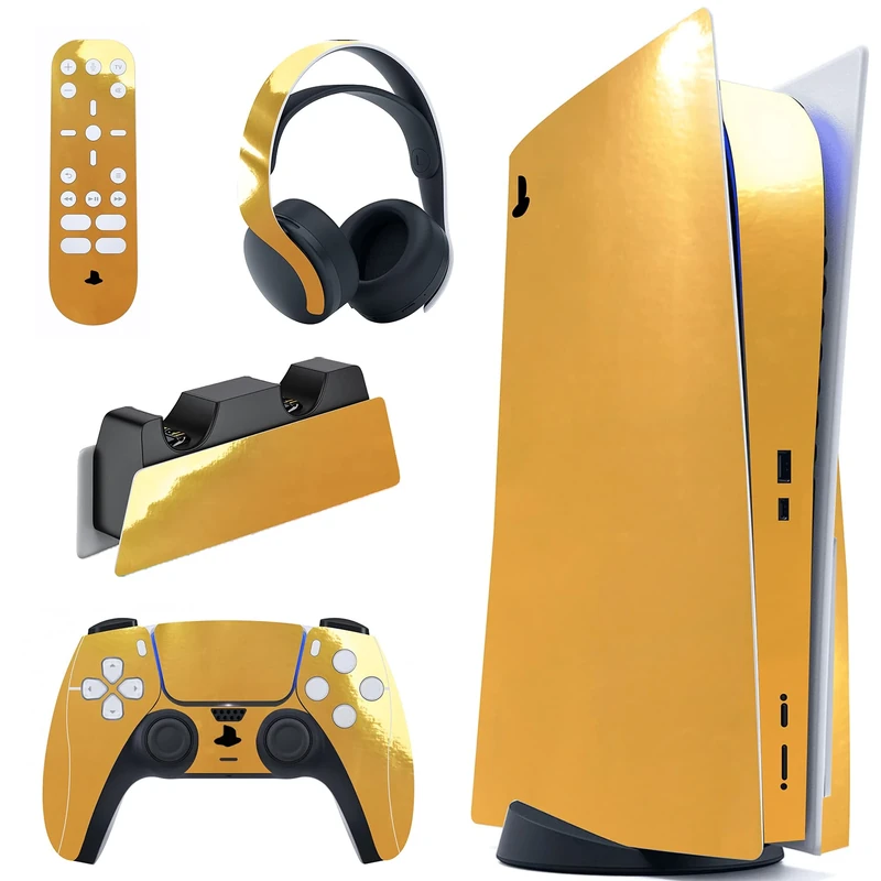 PlayVital Full Set Skin Decal for ps5 Console Disc Edition + Controller + Charging Station + Headset + Media Remote, Premium Vinyl Sticker, Chrome Gold Glossy