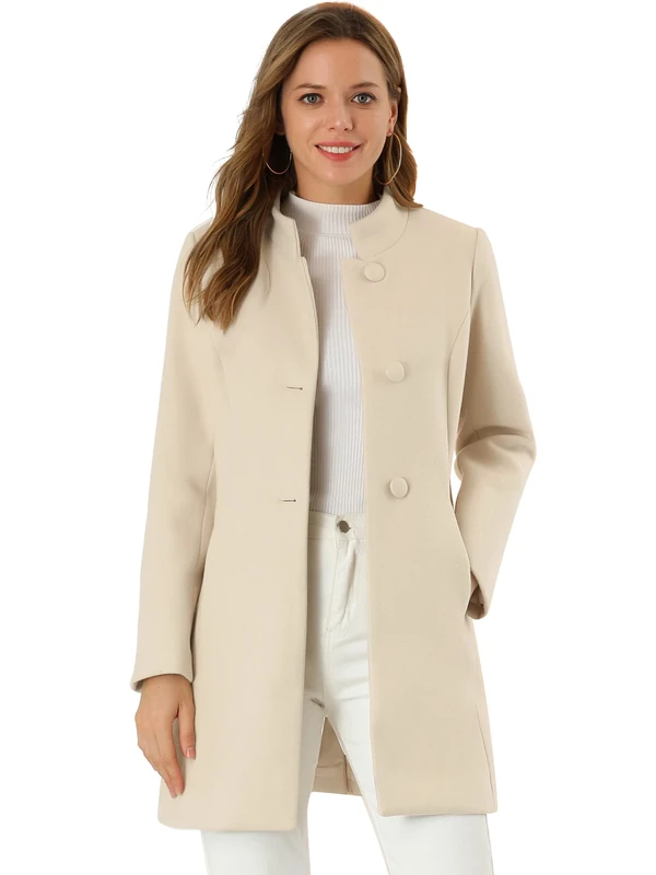 Allegra K Women's Winter Overcoat Mid-Long Stand Collar Single Breasted Coat Outerwear, Beige, XL