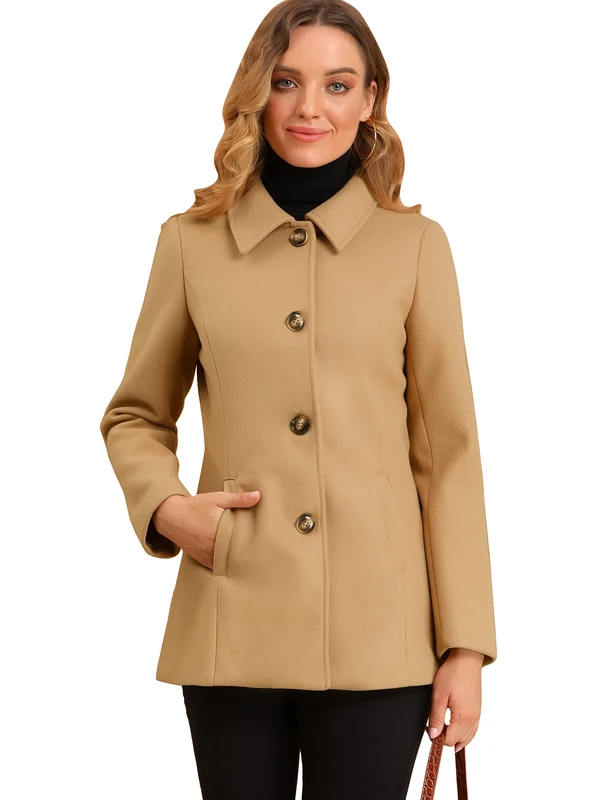 Allegra K Women's Work Office Winter Overcoat Single Breasted Point Collar Pea Coat, Khaki, X-Small