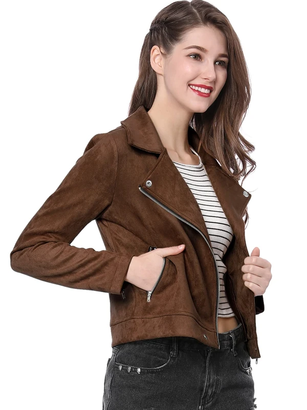 Allegra K Women's Short Soft Zip Up Faux Suede Biker Moto Jacket, Dark Brown, L