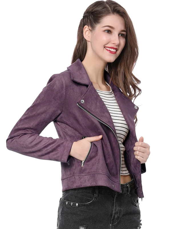 Allegra K Women's Short Soft Zip Up Faux Suede Biker Moto Jacket, Dark Purple, S