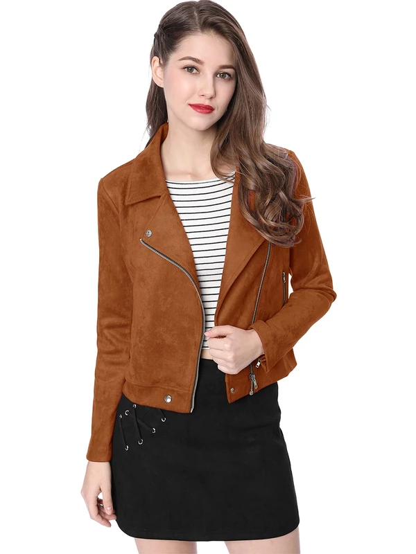 Allegra K Women's Short Soft Zip Up Faux Suede Biker Moto Jacket, Brown, Large