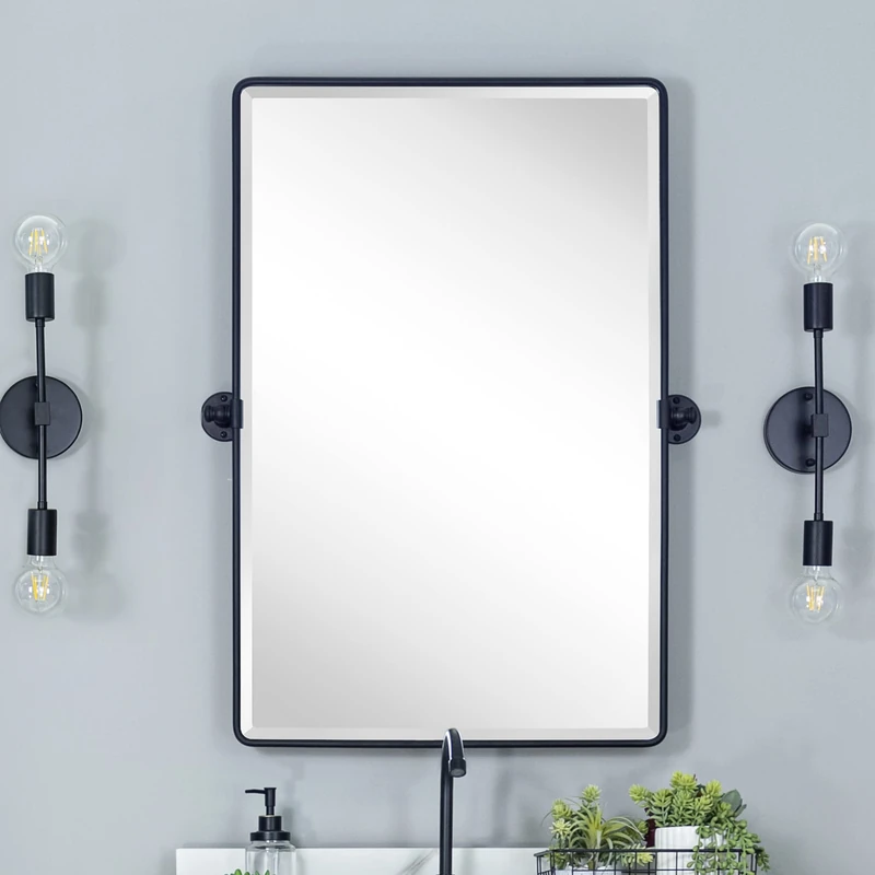 TEHOME Farmhouse Pivot Rectangle Bathroom Mirror Black Metal Framed Tilting Beveled Vanity Mirrors for Wall 20x30''