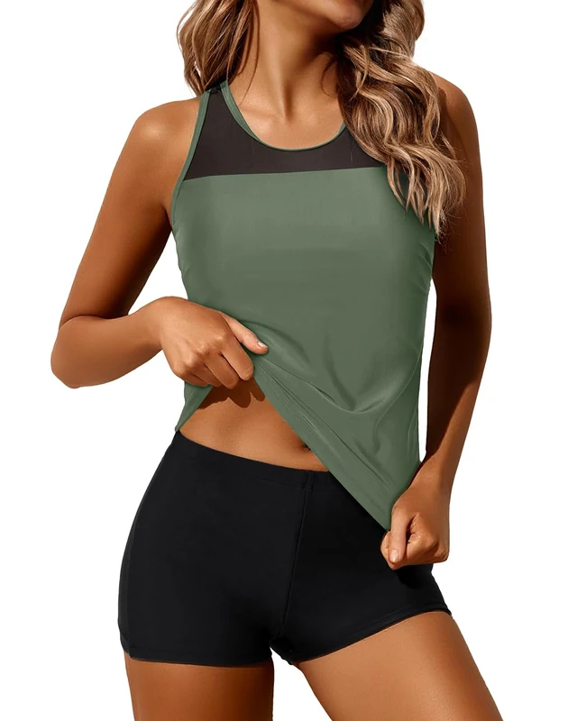 Yonique Tankini Swimsuits for Women with Shorts Athletic Two Piece Bathing Suits Racerback Tank Tops Swimwear, Army Green, Medium