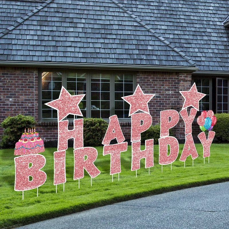 Jetec 18 Pieces Happy Birthday Yard Signs with Stakes, 16 Inches Birthday Outdoor Lawn Signs, Birthday Cake Balloon Patio Decorations, garden Lawn Decorations for Birthday Party(Rose Gold)
