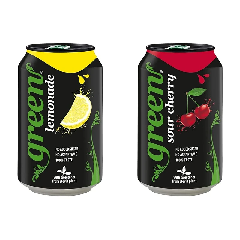 Green Lemonade Cans 24 Pack, No Added Sugar Soft Drink, Bulk Pack of 24 Cans x 330 ml & Green Sour Cherry Cans 24 Pack, No Added Sugar Soft Drink, Bulk Pack of 24 Cans x 330 ml