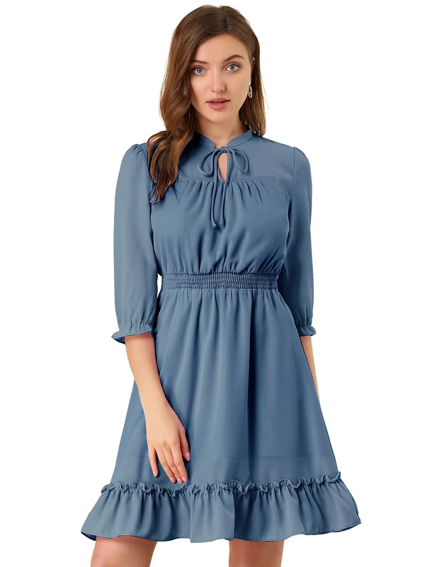 Allegra K, Women's Casual 3/4 Sleeve Chiffon Summer Boho Wedding Guest Dress, Blue and Grey., XS
