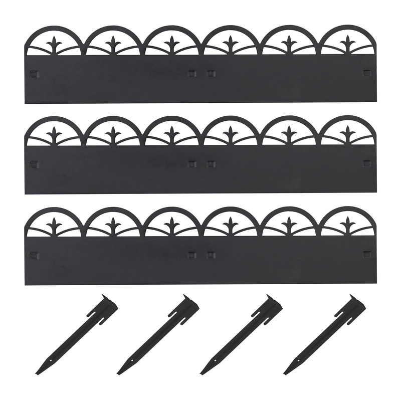 Relaxdays metal lawn edging, decorative garden borders, 3 fence elements, with ground spikes, 274.5x7.5 cm (LxH), black