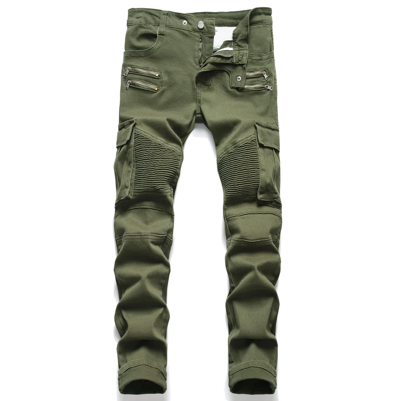 AITITIA Men's Biker Zipper Deco Washed Straight Fit Jeans, 007 Green, 28