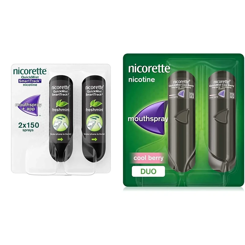 Nicorette QuickMist SmartTrack Mouthspray Duo Pack, 1mg, QuickMist Cool Berry Mouth Spray, 1 mg/Spray,Duo Pack - 2 x 150 Sprays (Quit Smoking & Stop Smoking Aid)