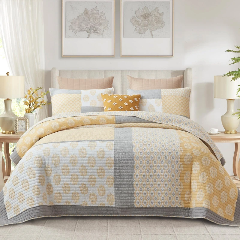Finlonte Quilt Set, 100% Cotton Lightweight King Quilt, Real-Patchwork Farmhouse Floral Quilted Bedspread, Yellow Grey White Reversible Soft Quilt Bedding Set All Season, 3 Pieces - Image 1