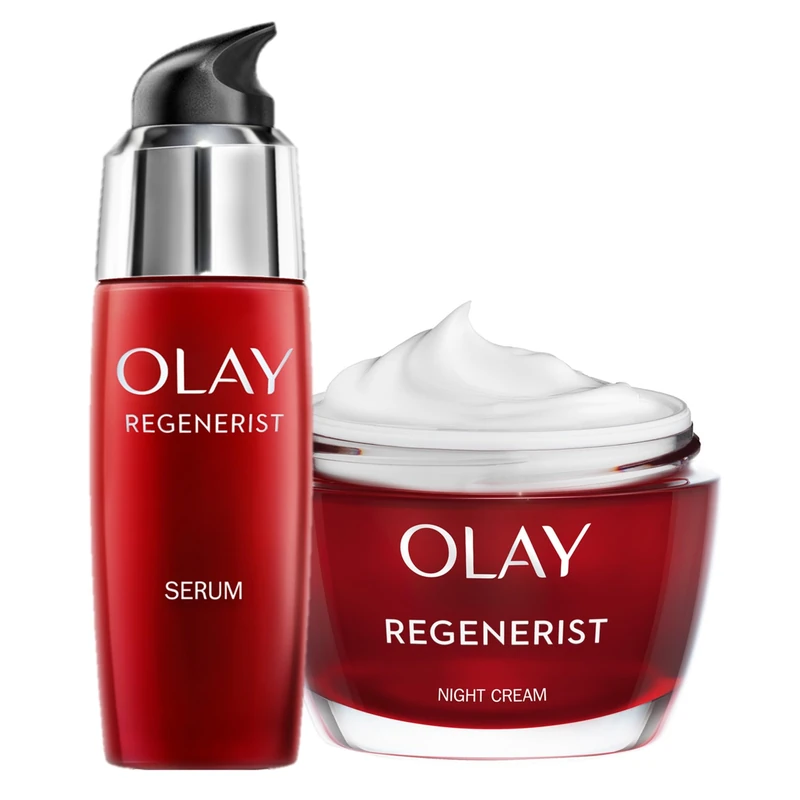 Olay Regenerist 3 Point Night Face Cream Moisturiser with Hyaluronic Acid, 50 ml & Regenerist Anti Ageing Firming Serum, 50ml