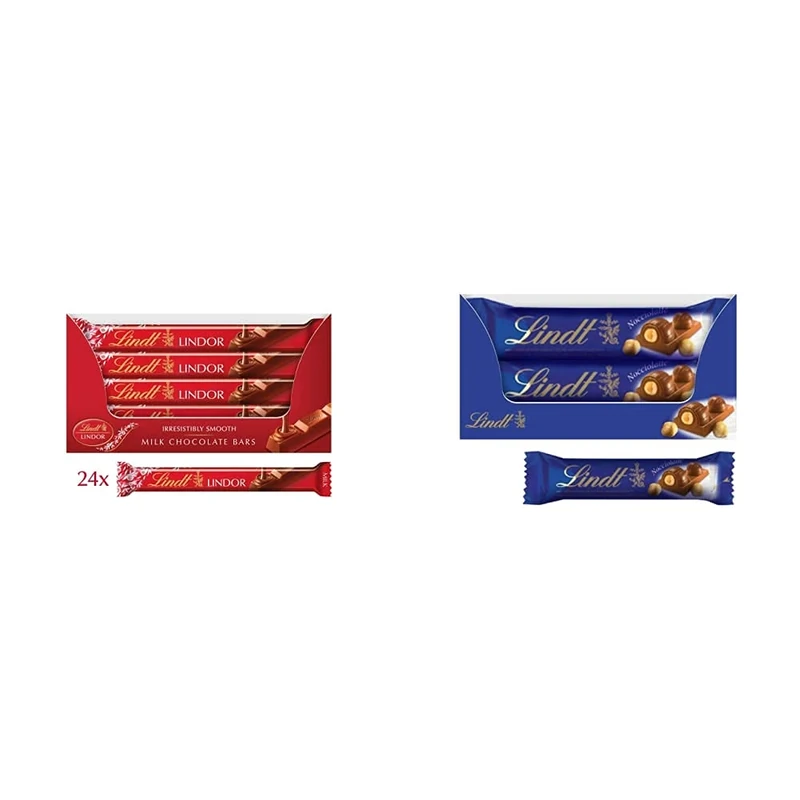 Lindt Lindor Treat Bar 38 g (Pack of 24) & Noccio Latte Milk Chocolate and Hazelnut Bar, 40 g, Pack of 18