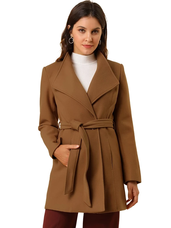 Allegra K Women's Classic Stand Collar Long Sleeve Winter Belted Long Coat, Dark Brown, S