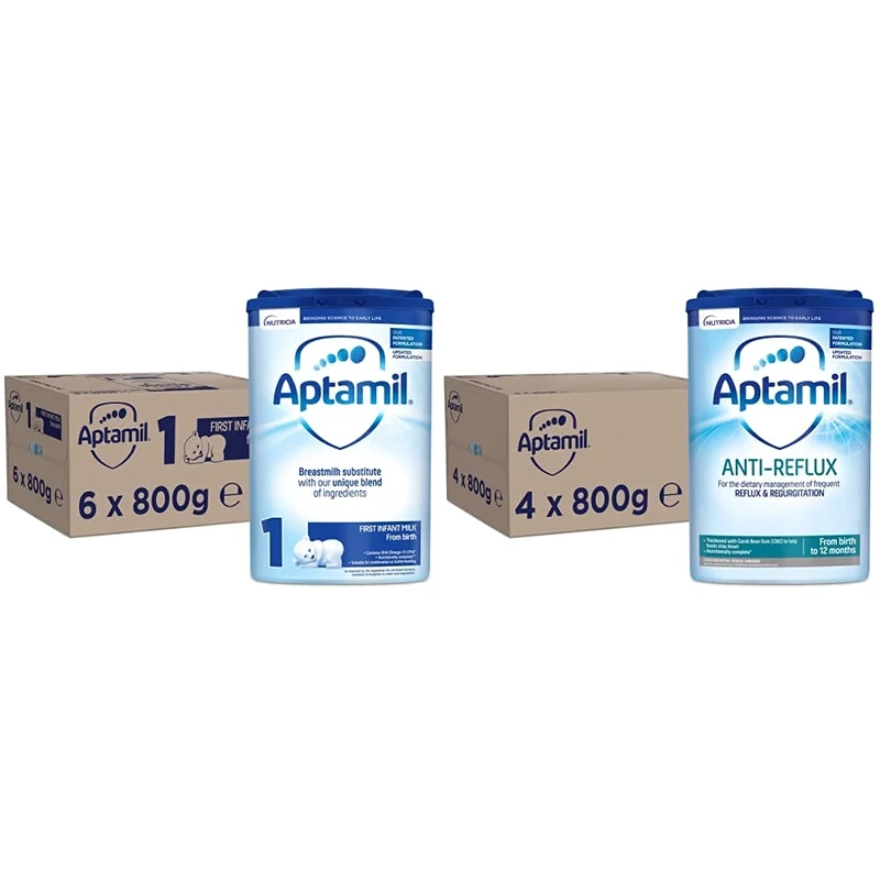 Aptamil First Infant Milk Stage 1 from Birth, 800 g, Pack of 6 & Anti-Reflux Baby Milk Powder Formula, from Birth, 800g (Pack of 4)