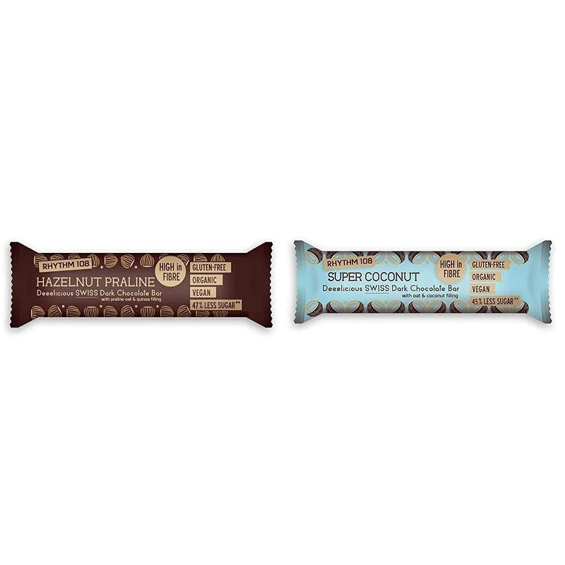 Rhythm 108 Hazelnut Praline Swiss Chocolate Bar 33 g - Pack de 15 & Super Coconut Swiss Chocolate Bar 33 g - Pack de 15 - Image 1