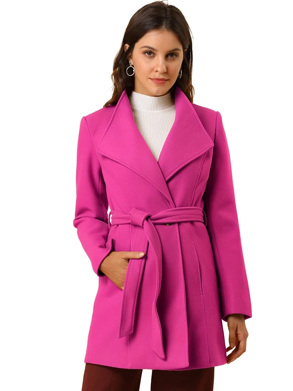 Allegra K Women's Classic Stand Collar Long Sleeve Winter Belted Long Coat, Fuchsia, Large