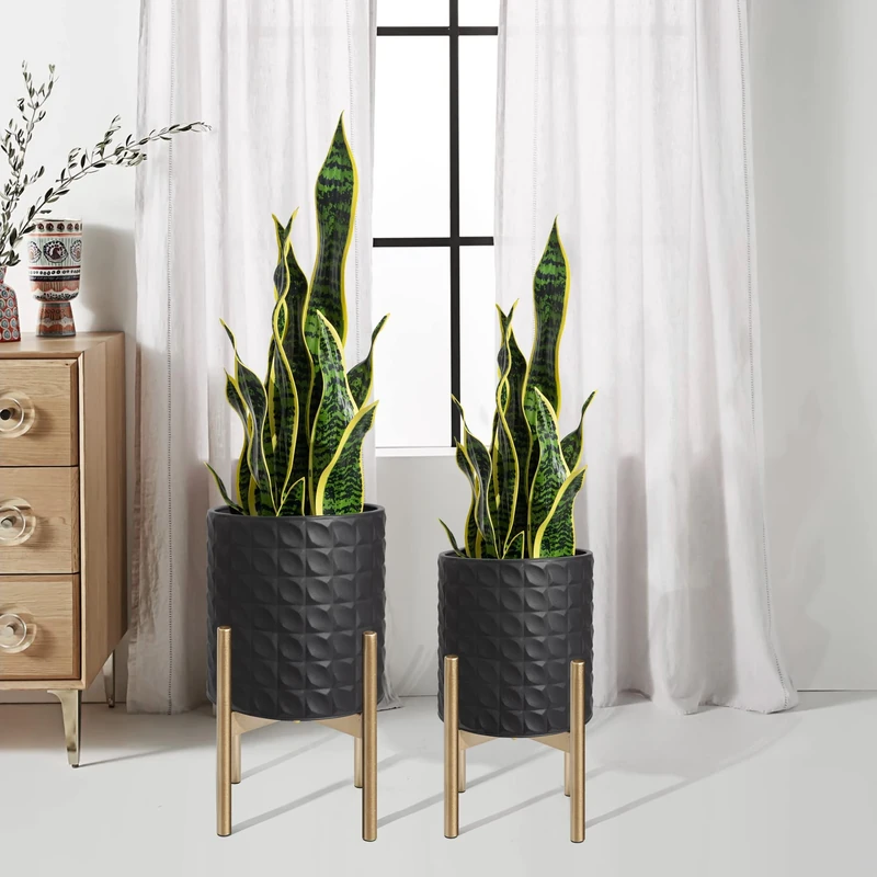 Mid Century Metal Planter, Set of 2 Flower Pot, Modern Decorative Metal Pots for Plants with Foldable Stand Indoor Outdoor, Black Planter with Golden Plant Stand,8 inch and 10inch Tall