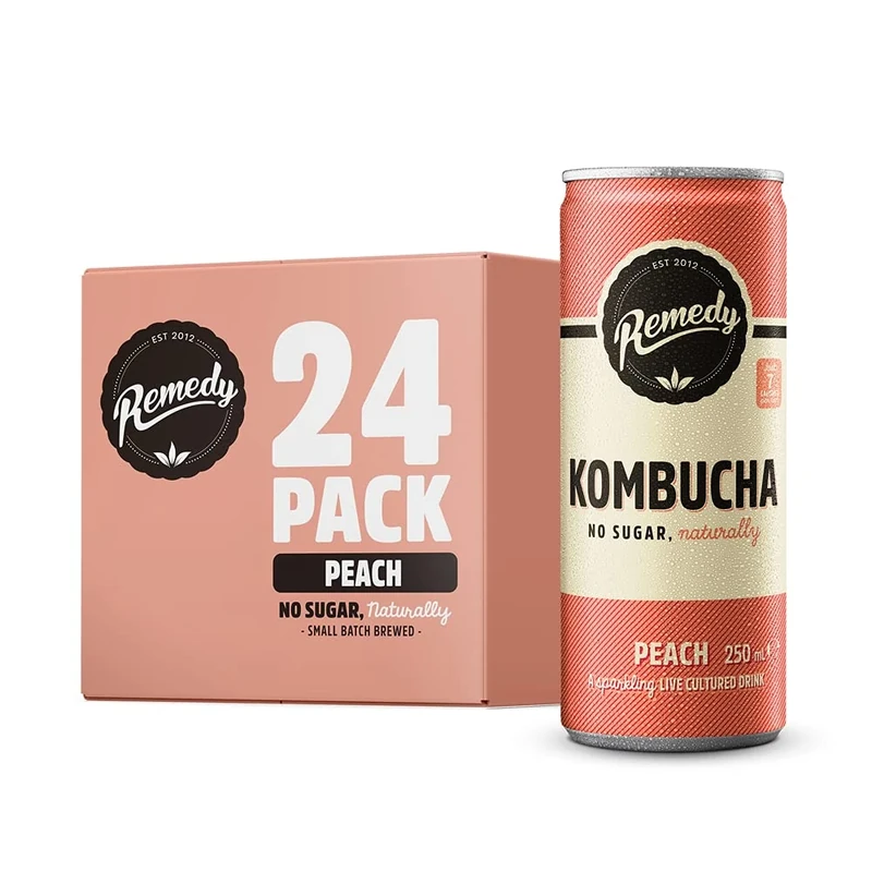 Remedy Raw Peach Kombucha Tea - Sparkling Live Cultured Drink - Sugar Free Peach - 24-Pack, 250ml Can