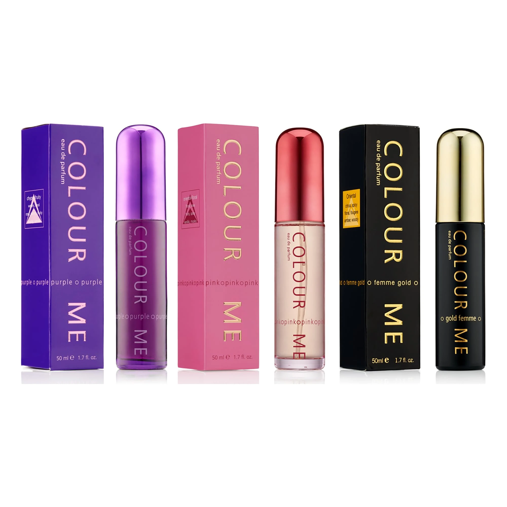 COLOUR ME Pink/Purple/Gold Femme - Triple Pack, Fragrance for Women, 3 x 50ml Eau de Parfum, by Milton-Lloyd
