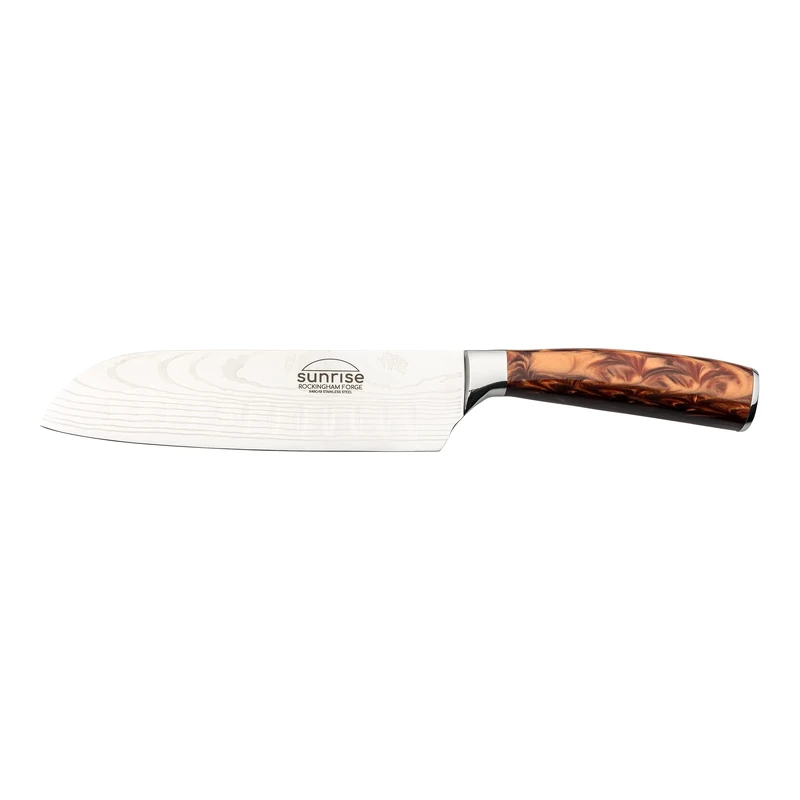 Rockingham Forge Sunrise Collection 7” Santoku Japanese Chef’s Kitchen Knife, Premium Stainless Steel with Ergonomic Resin Handles, Amber, RF-2105BR