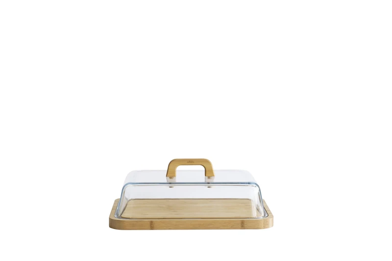 Pebbly - Elegant Glass and Bamboo Cheese Box with Bamboo Handle, 34x25cm - Image 1