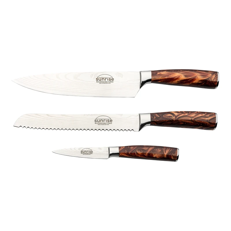 Rockingham Forge Sunrise Collection 3-Piece Kitchen Knife Set, Premium Stainless Steel with Resin Handles – Chef’s Knife, Paring Knife & Bread Knife