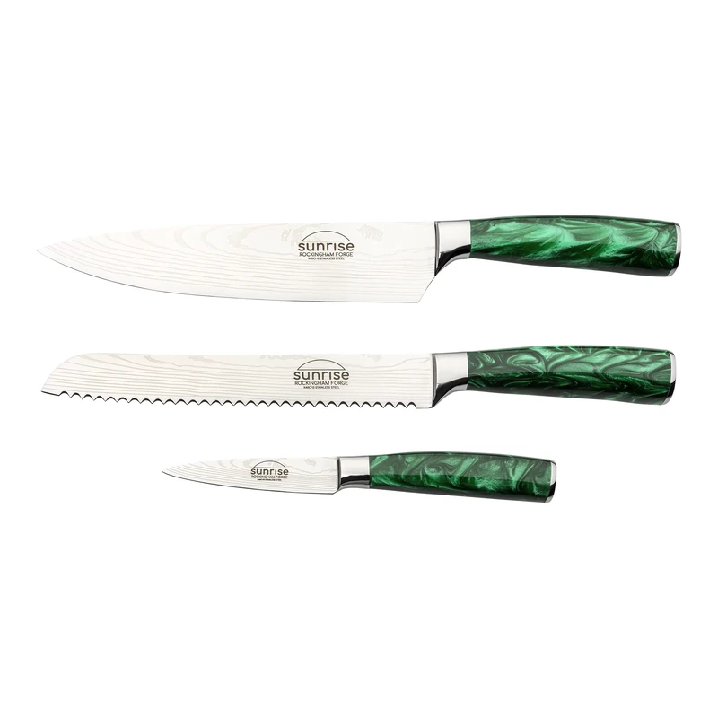 Rockingham Forge Sunrise Collection 3-Piece Kitchen Knife Set, Premium Stainless Steel with Resin Handles – Chef’s Knife, Paring Knife & Bread Knife