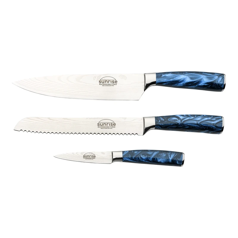Rockingham Forge Sunrise Collection 3-Piece Kitchen Knife Set, Premium Stainless Steel with Resin Handles – Chef’s Knife, Paring Knife & Bread Knife