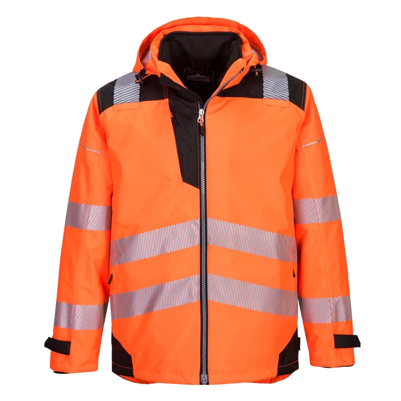 Portwest PW365 Men's Hi Vis Waterproof Jacket - Reflective 3-in-1 Safety Jacket with Detachable Full Zip Sweatshirt Orange/Black, Small